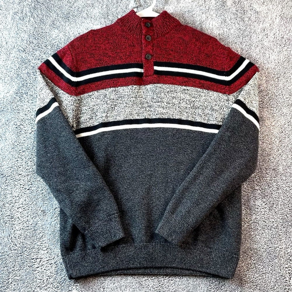 Chaps Heavyweight Men's Large Mock Neck 3 Leather‎ Trim Button Sweater Cotton